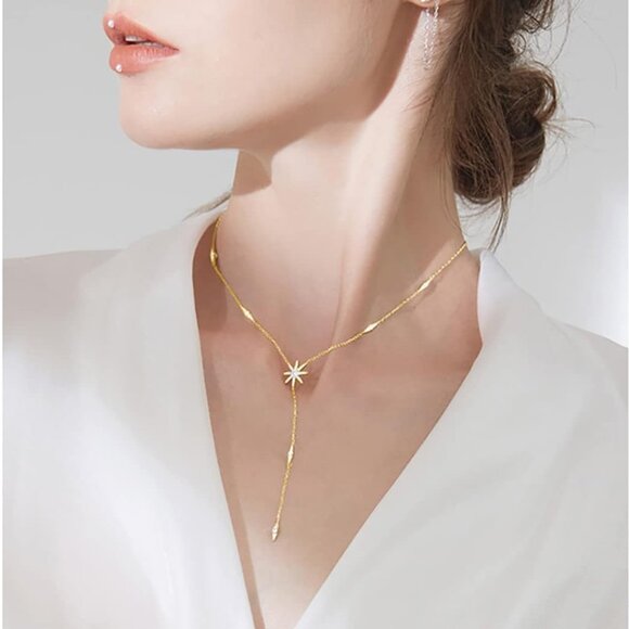 925 Sterling Silver Star Y Necklace for Women Teens CZ Star Necklace Choker Neck - Picture 3 of 7